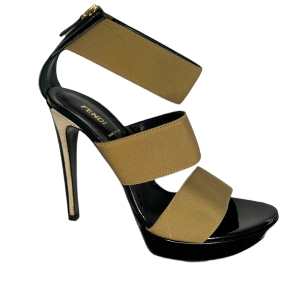 Fendi Sandolo Vernice Tan & Black Platform Stiletto Heels - Picture 1 of 13